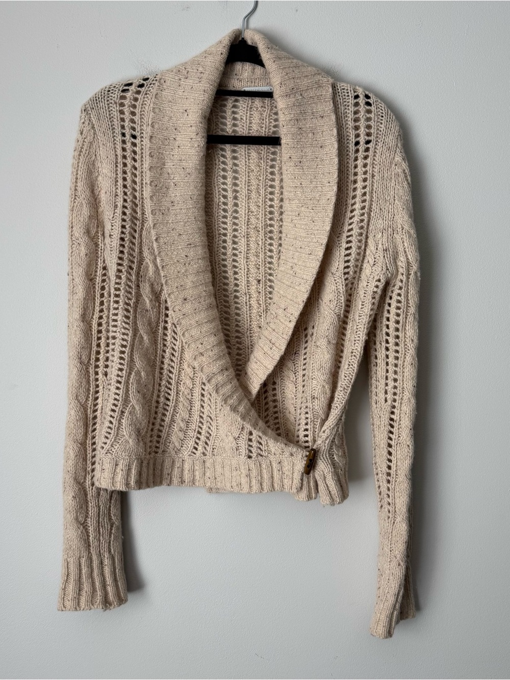 Pandemonium Open-Knit Shawl Collar Cardigan Sweater - Cream